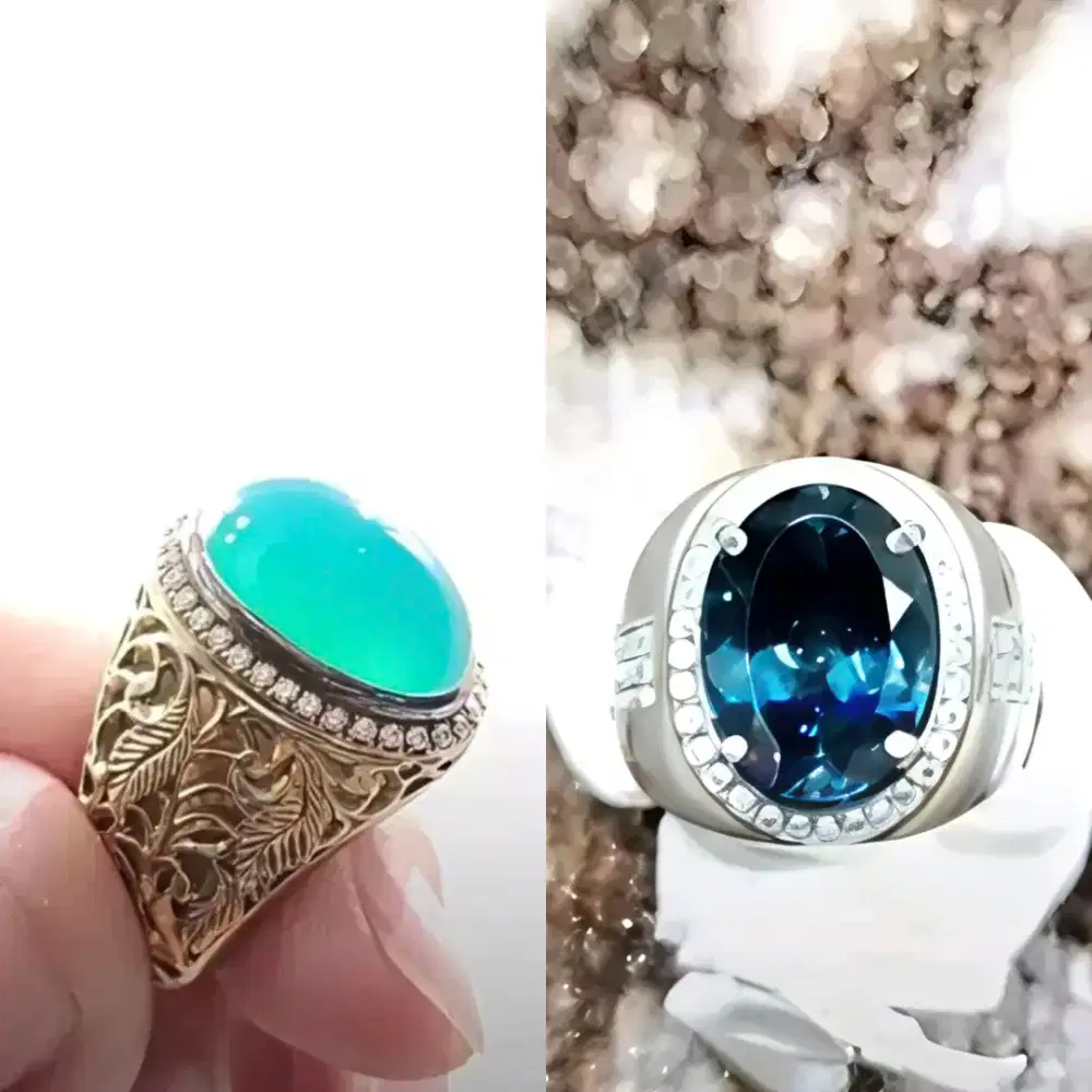 Paket 2 cincin Perak Bacan Mumbul Microsetting dan Blue Topaz London