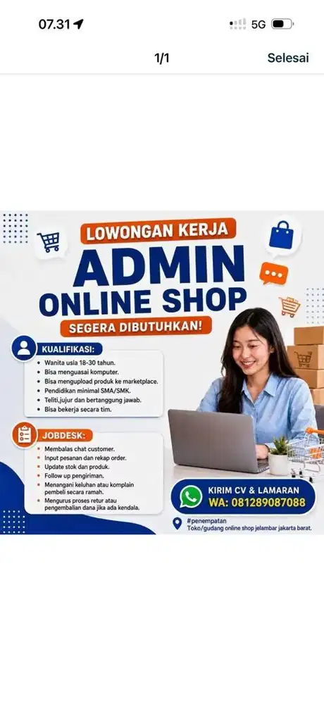 Mencari Admin onlineshop dan packer
