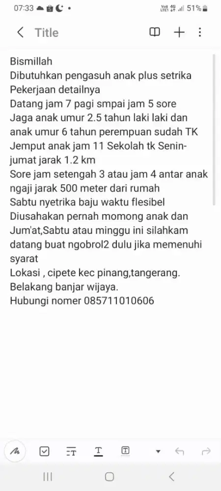 Dibutuhkan ART Pulang-Pergi