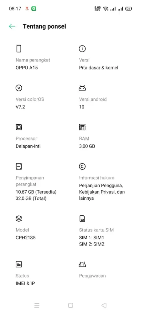 Oppo a15 ram 3/32