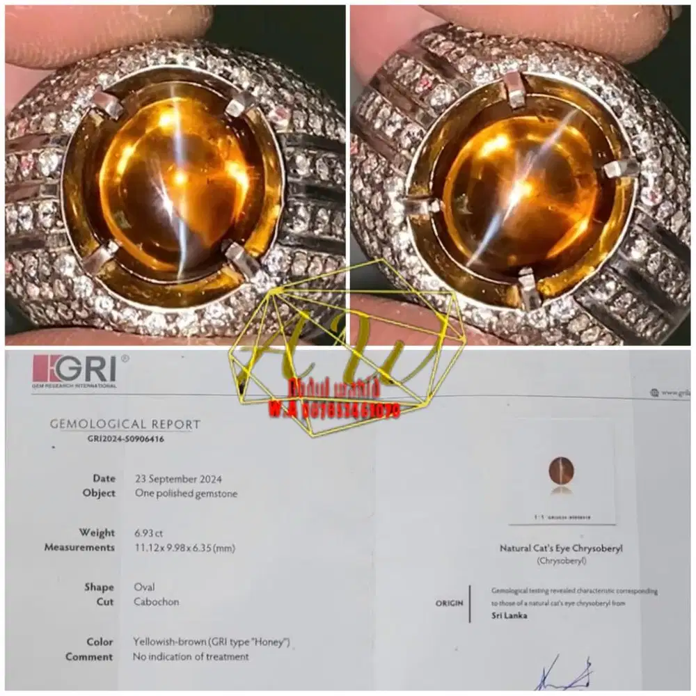 Honey cats eye chrsyoberyl srilanka 6.91carat best colletion