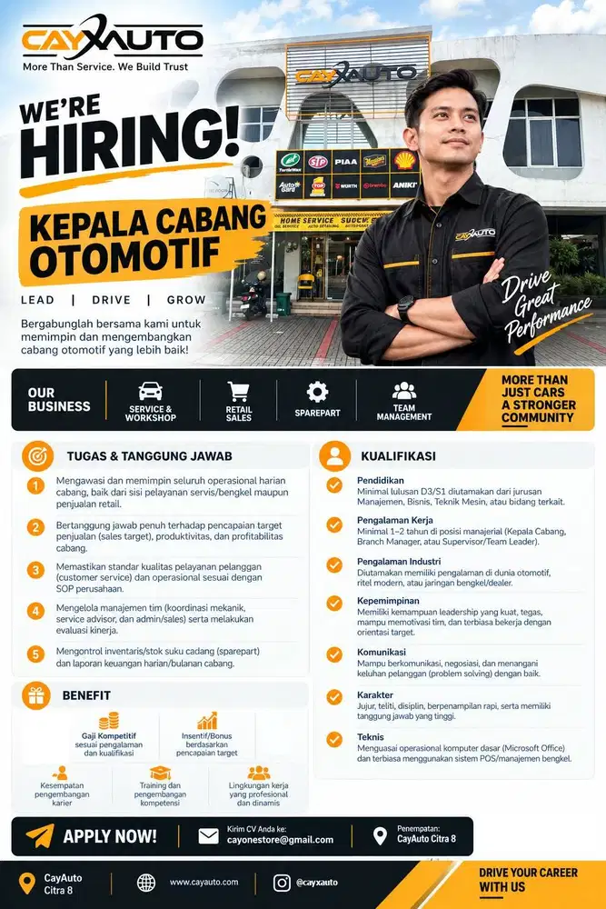 DICARI Kepala Cabang Retail & Bengkel Otomotif Berpengalaman!