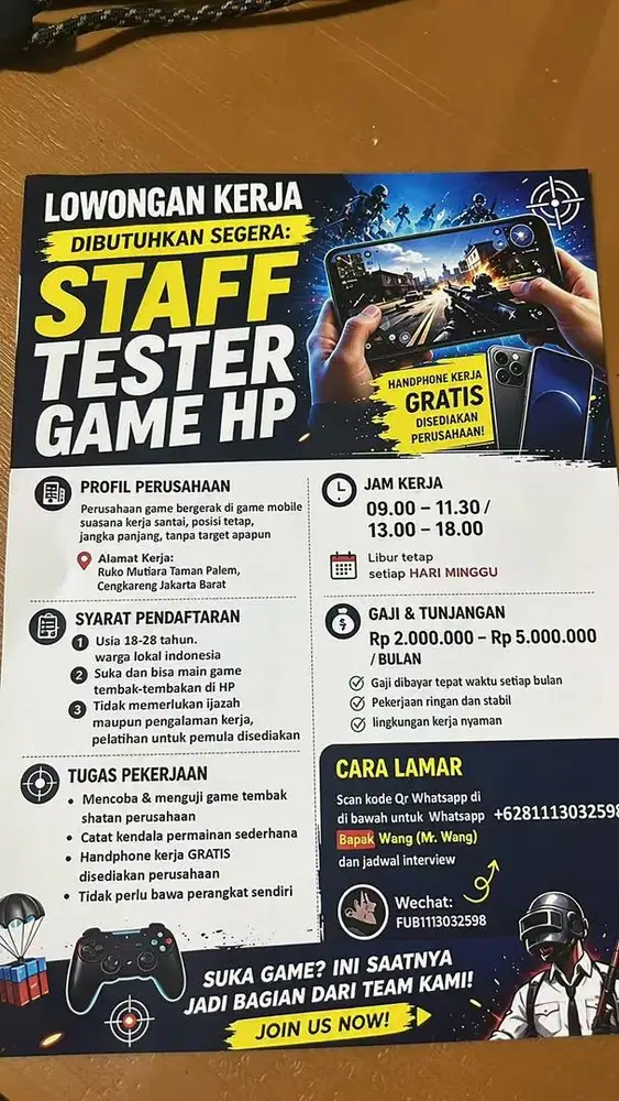 Dibutuhkan karyawan main game