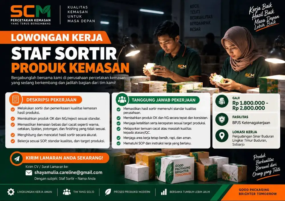 Lowongan Staf Sortir Produk Kemasan - Buduran Sidoarjo