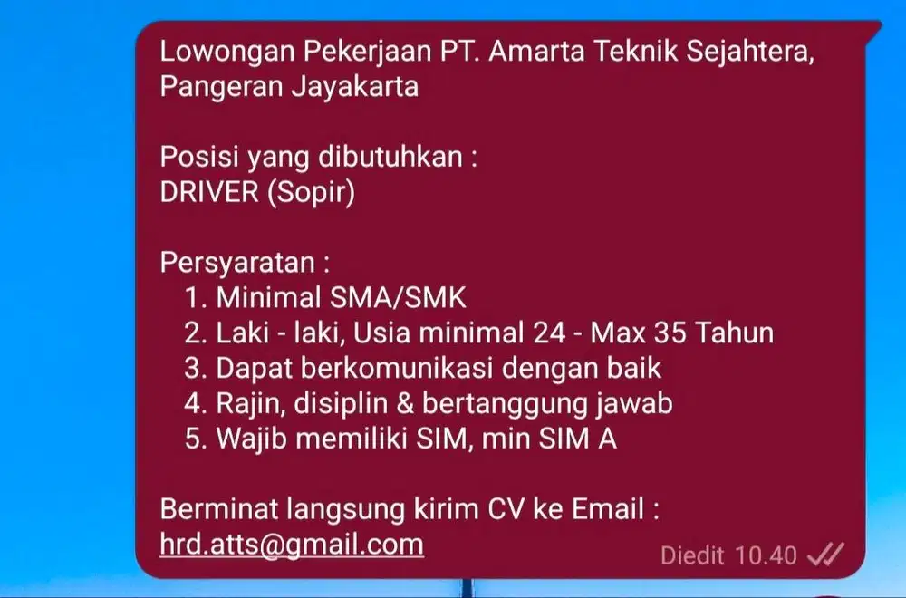 LOKER DRIVER Minat langsung kirim CV ke email yang tertera