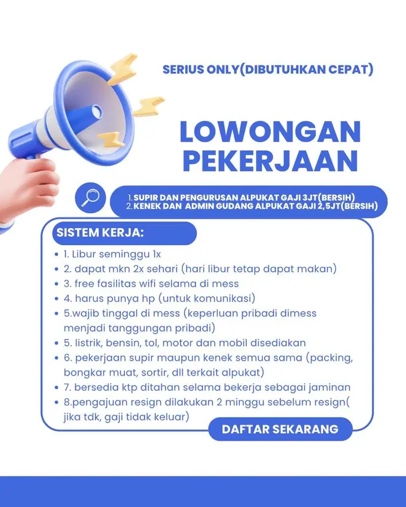 Lowongan kerja driver dan admin gudang