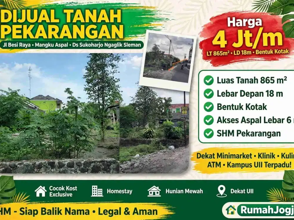 MURAH! Tanah Besi Raya 865m² Mangku Aspal 6m - LD 18m Kotak - 4 Jt/m - Dekat Kampus UII