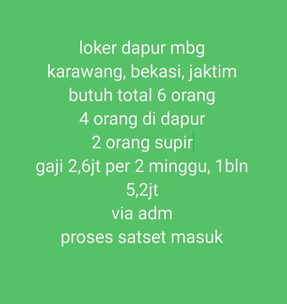 Loker dapur MBG daerah Karawang, Bekasi, Jaktim