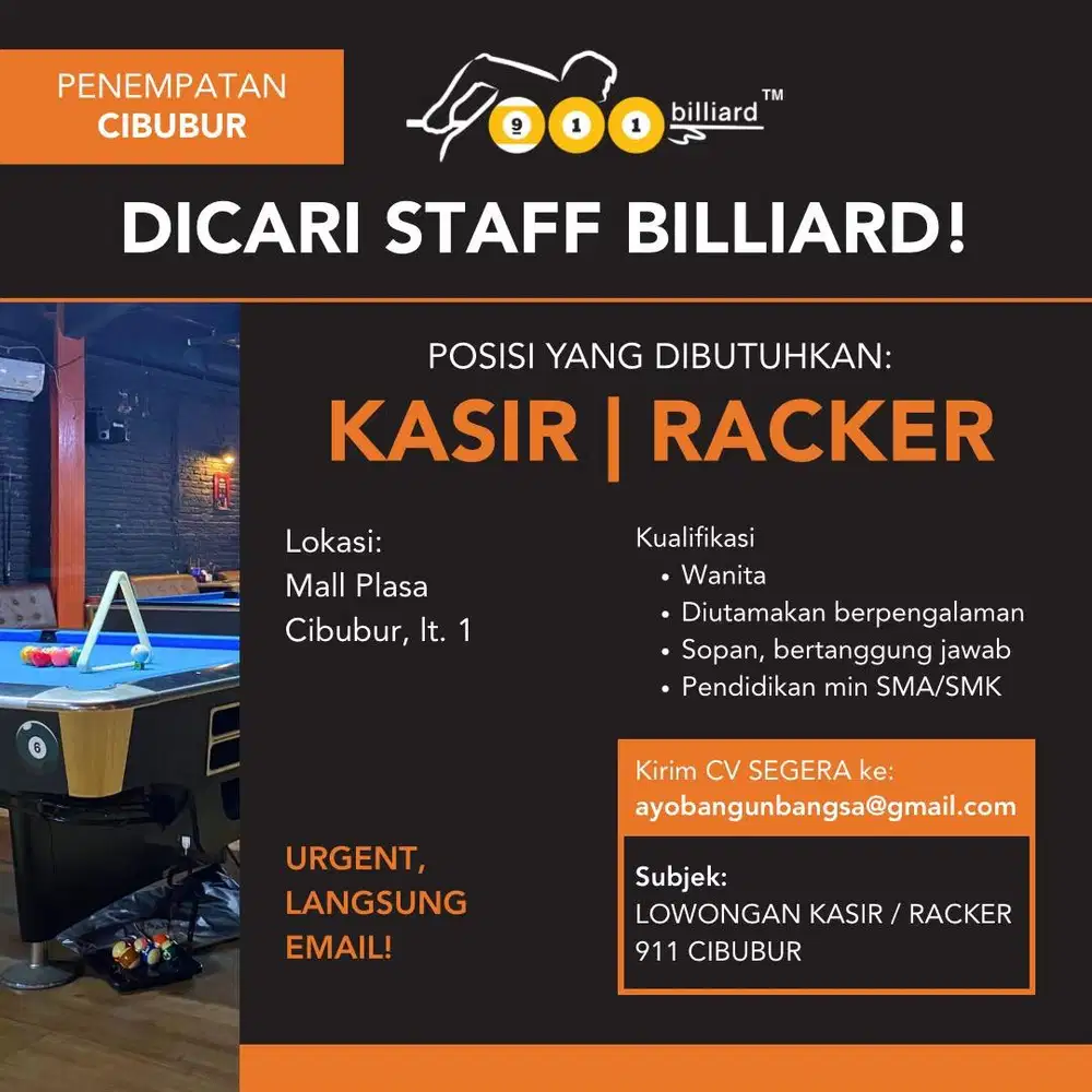 Lowongan Racker / Kasir 911 Billiard Cibubur