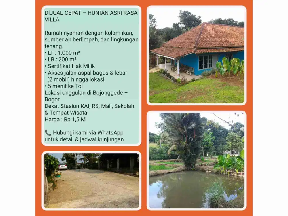 RUMAH ASRI DENGAN 2 KOLAM IKAN – LAHAN LUAS 1.000 M² DI BOJONGGEDE-BOGOR.
