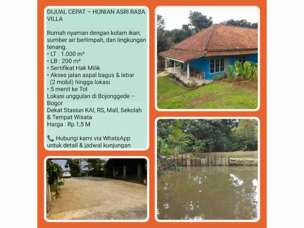 RUMAH NYAMAN DI LAHAN 1.000 M² + 2 KOLAM IKAN – BOJONGGEDE BOGOR.