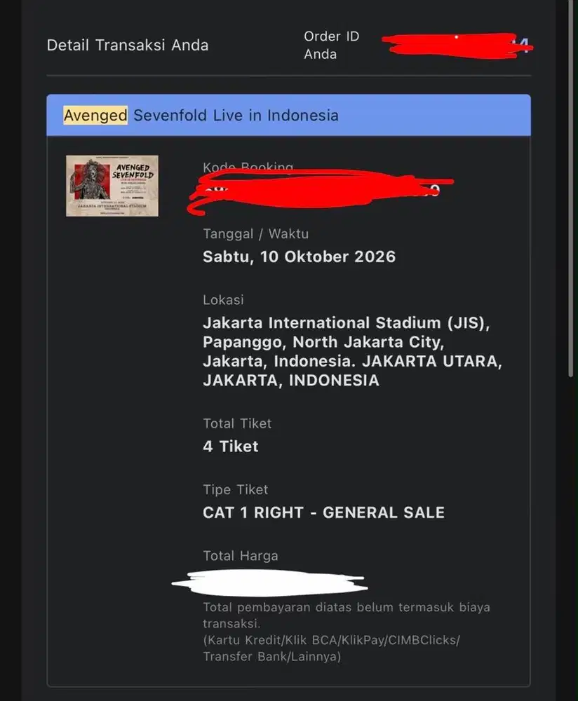 WTS CAT 1 RIGHT 4 TICKET AVENGED SEVENFOLD INDONESIA CONCERT TICKET