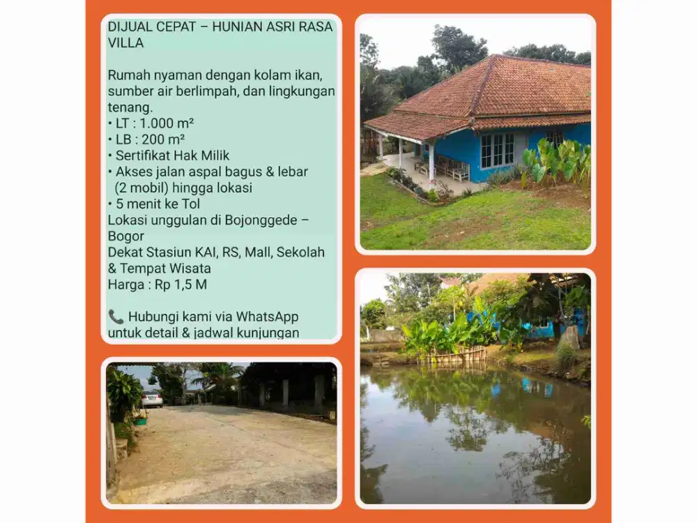 DIJUAL RUMAH + LAHAN LUAS 1.000 M², 2 KOLAM IKAN – DEKAT TOL SALABENDA-BOGOR.