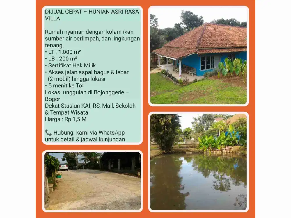 RUMAH KELUARGA + TANAH 1.000 M² + 2 KOLAM IKAN – BOJONGGEDE-BOGOR.