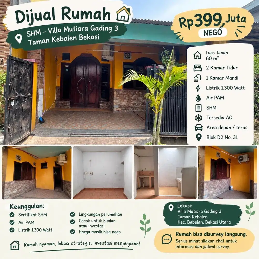 Dijual Rumah Villa Mutiara Gading 3 Kebalen – 2 KT, PAM, 1.300W