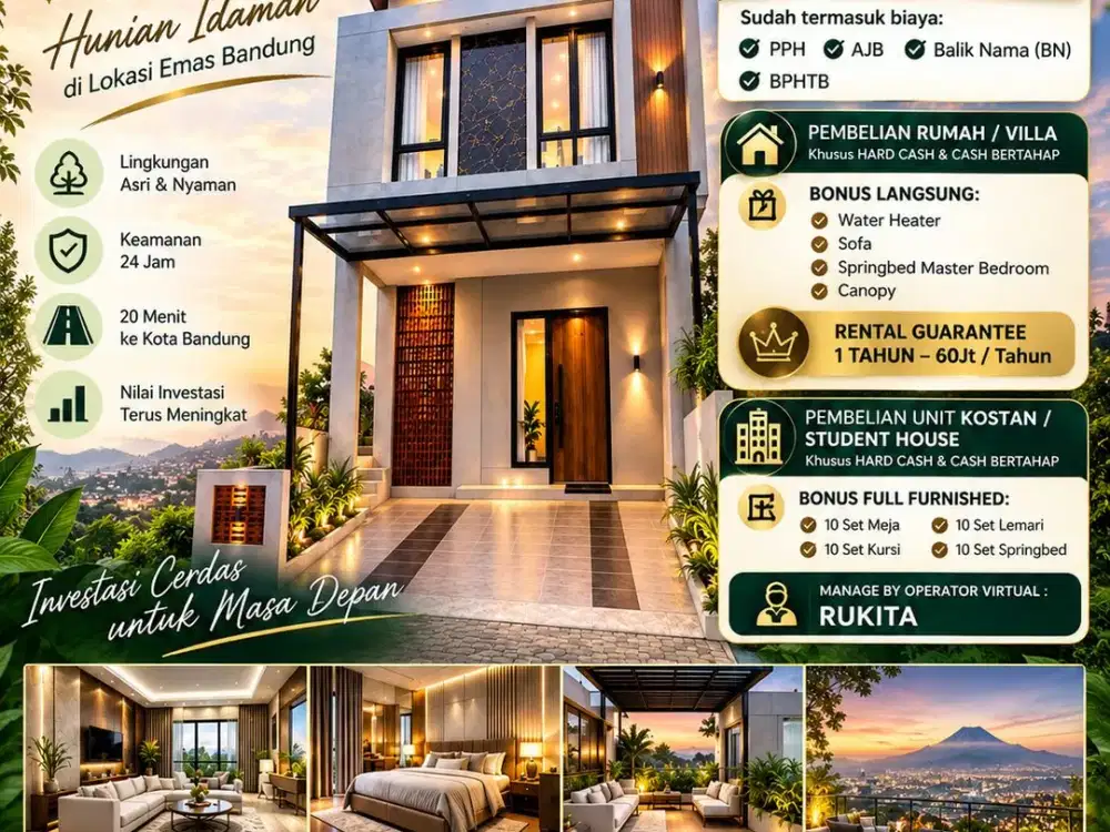 Rumah Villa Supernyaman & Strategis dkt Dago Bandung, Tanpa Dp & All in Free Biaya2, Suasana Sejuk & Asri, Pas untuk Hunian & Investasi Sewa