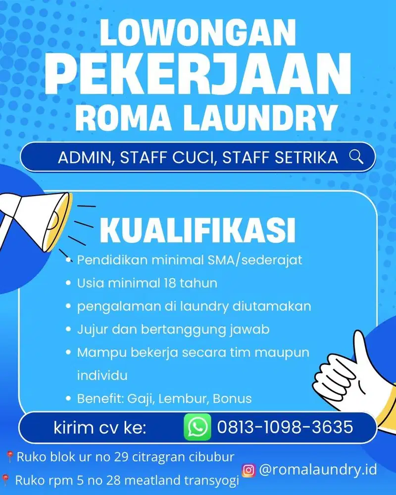 Lowongan kerja admin laundry, staff cuci dan staff setrika laundry