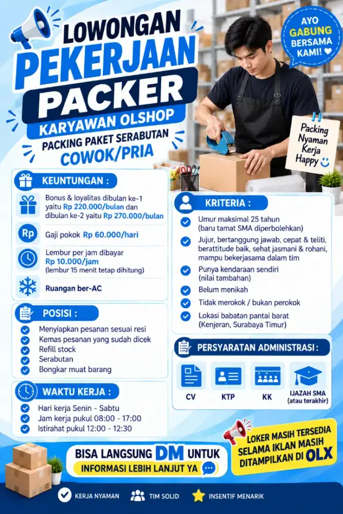 LOWONGAN PEKERJAAN PACKER KARYAWAN OLSHOP, PACKING PAKET COWOK/PRIA