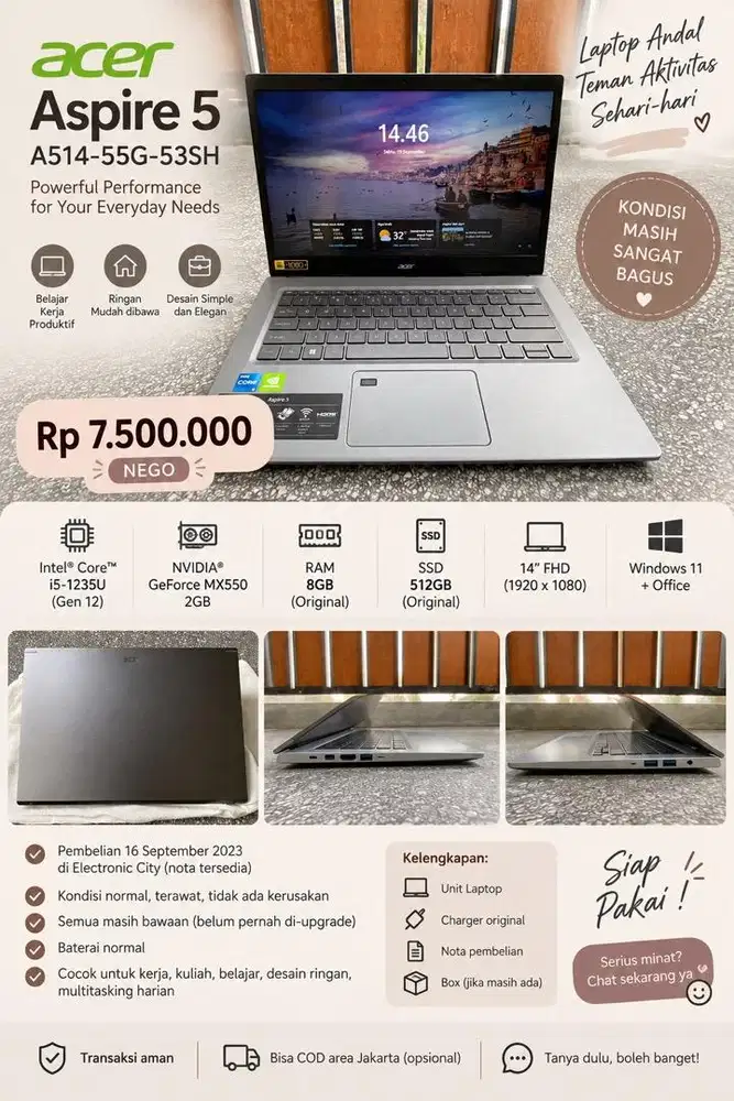 Acer Aspire 5 A514-55G i5 Gen 12 MX550 8GB SSD 512GB