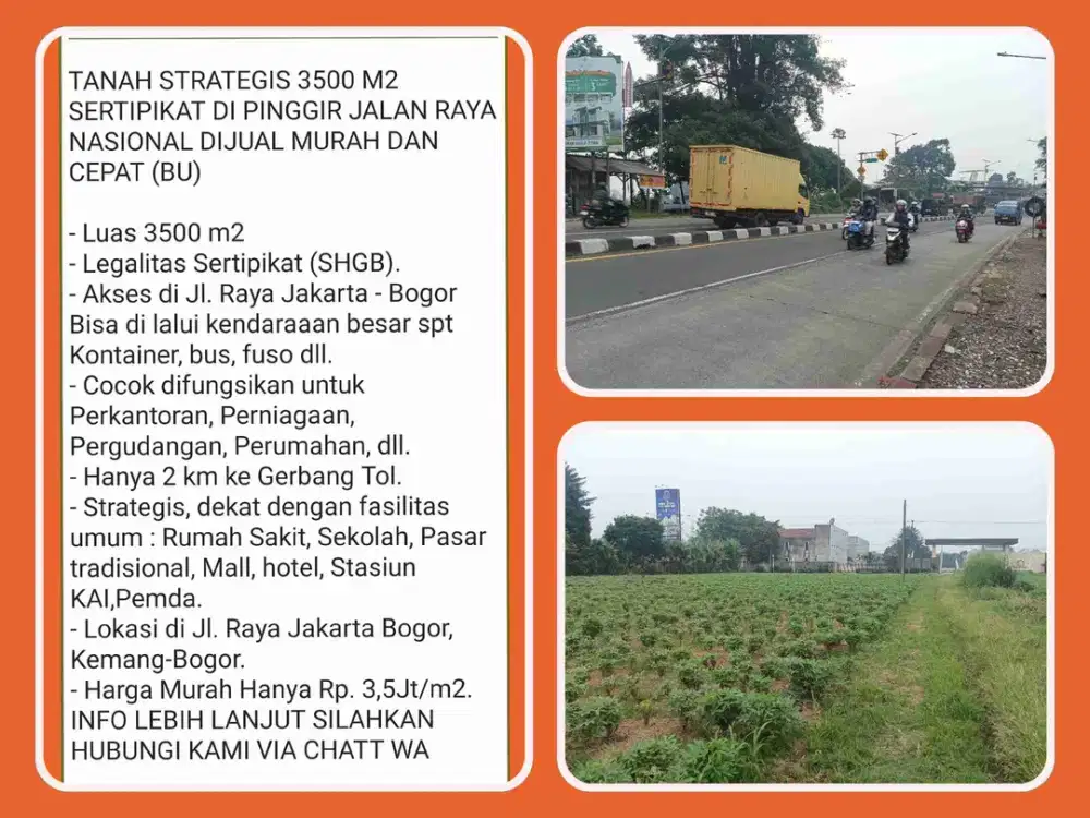 Tanah 3.500 m² Pinggir Jalan Nasional Jakarta–Bogor, ±150 M2 dari Rencana Gerbang Tol Baru
di Kemang–Bogor