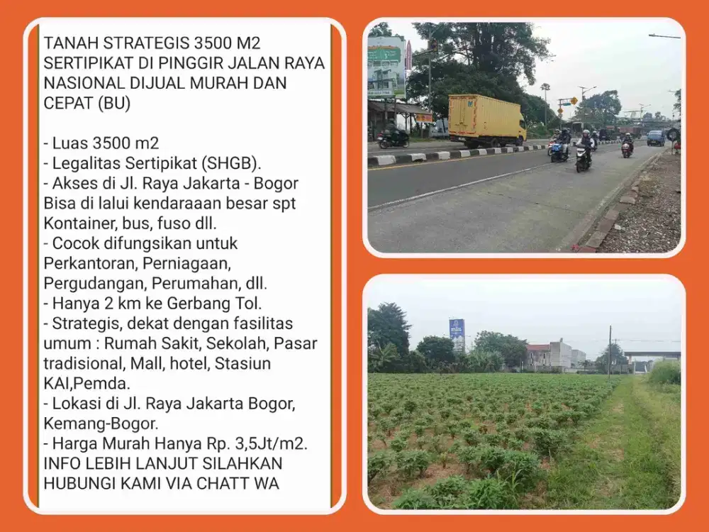 Dijual Tanah 3.500 m² Pinggir Jalan Nasional Jakarta–Bogor, Dekat Gerbang Tol Baru.