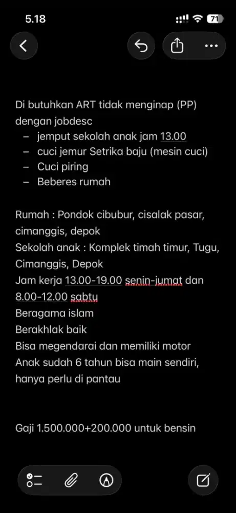 Dicari ART tidak menginap