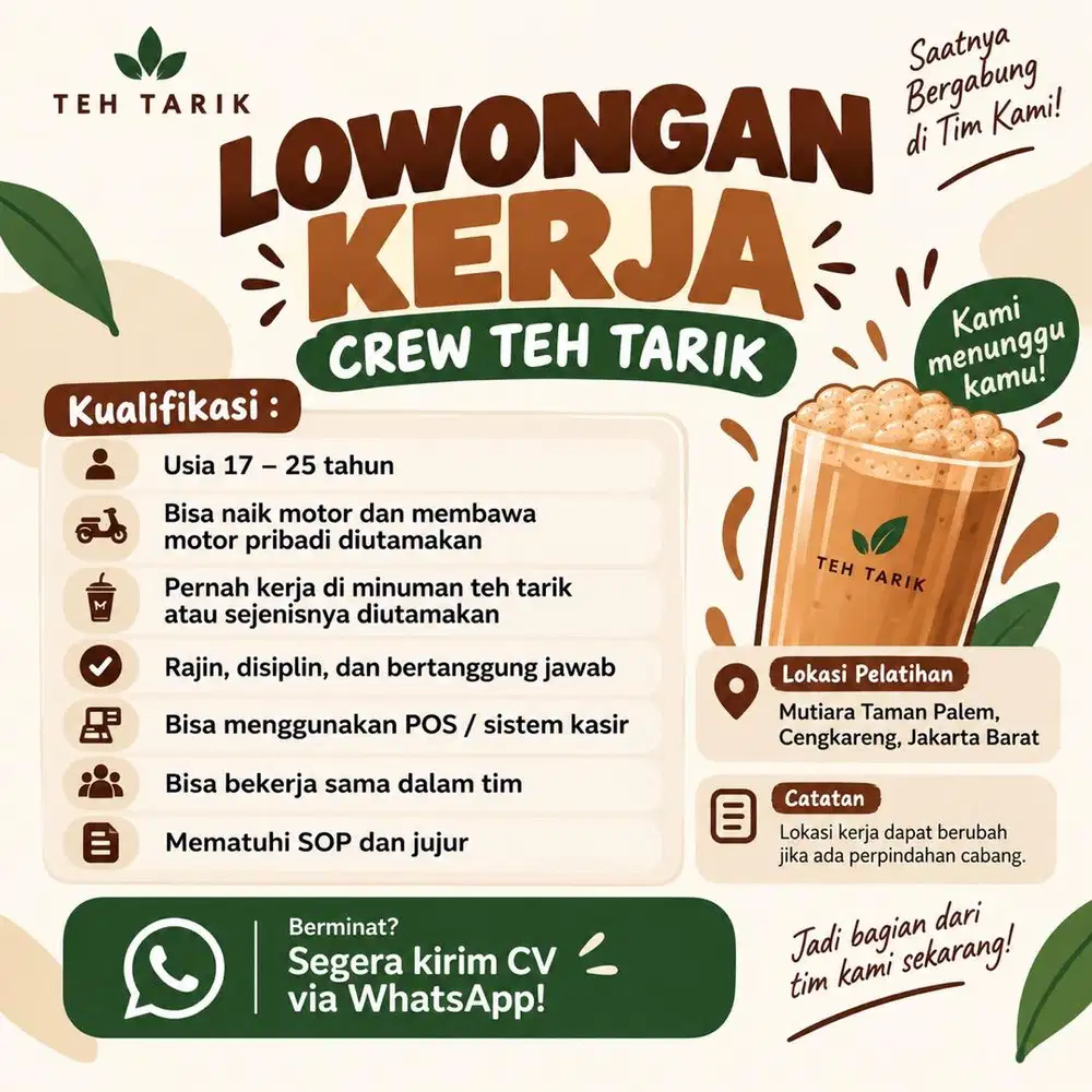 Lowongan Crew Teh Tarik – Cengkareng Jakarta Barat