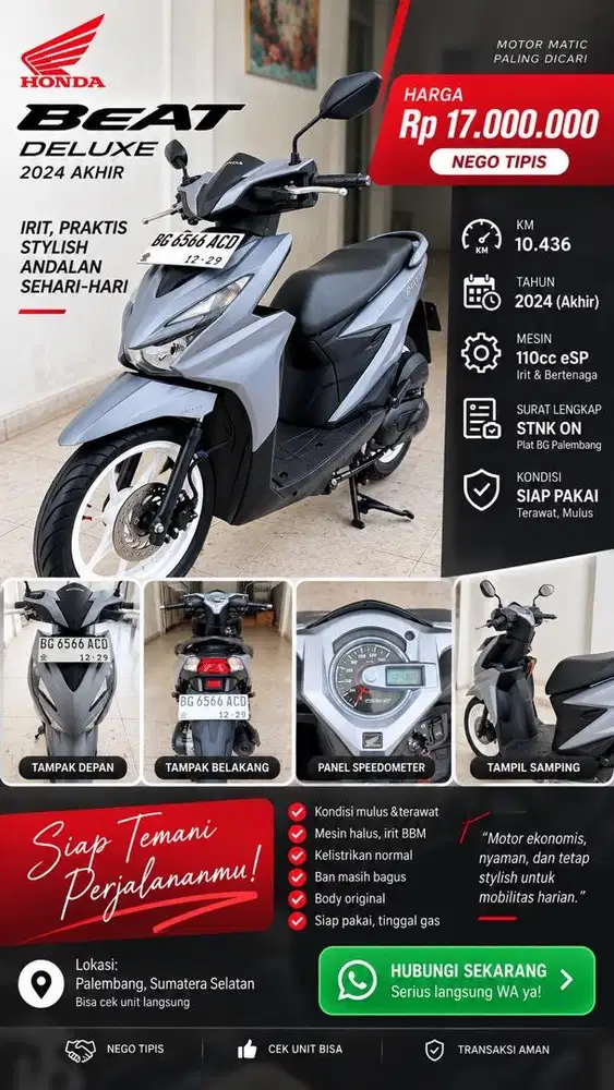 Honda Beat Deluxe 2024 Akhir – KM 10.436 – Mulus – Rp17 Juta