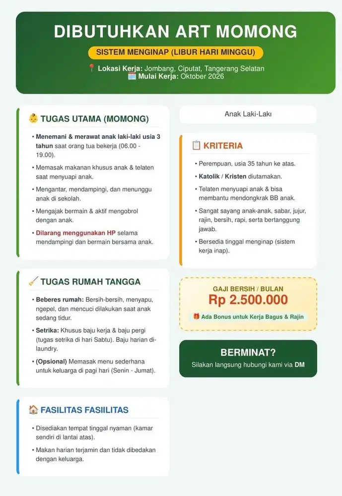 Dicari ART momong menginap