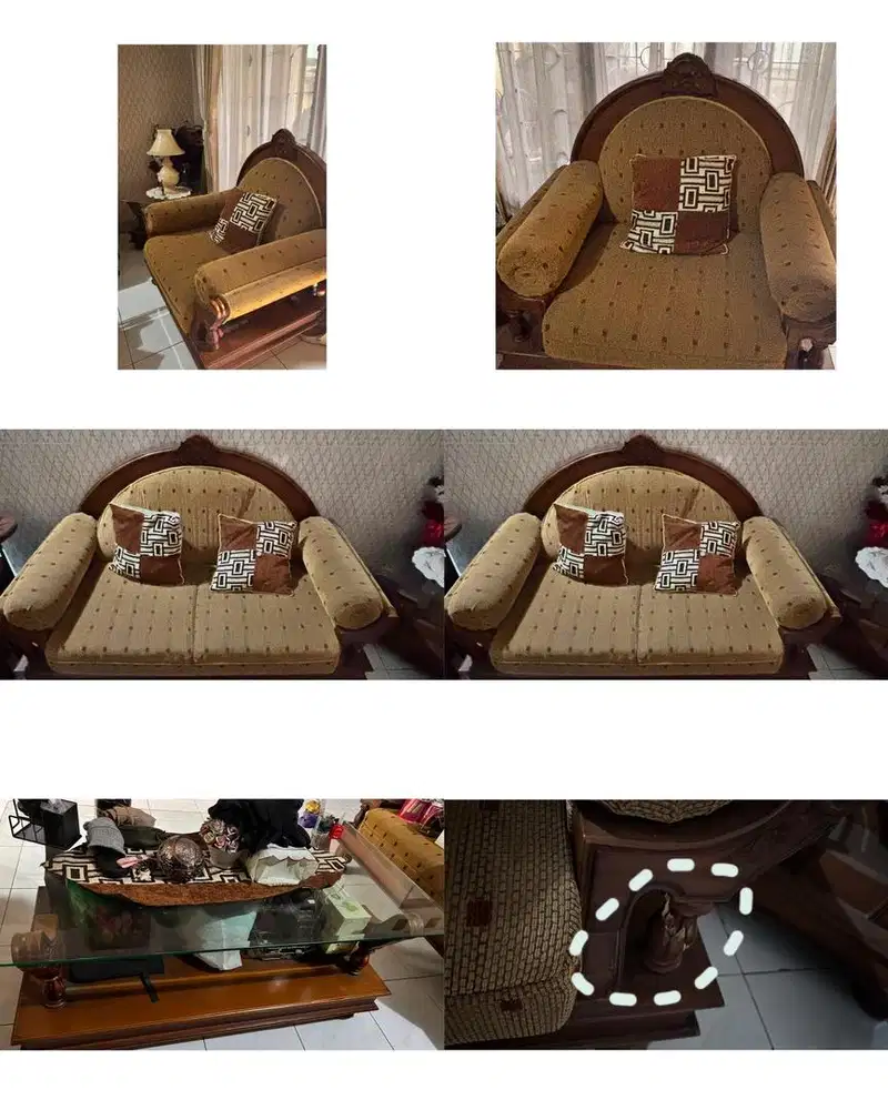 DIJUAL SOFA KAYU JATI SET + MEJA KACA - MULUS, MINUS PEMAKAIAN WAJAR