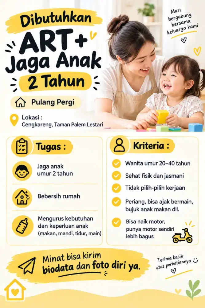 Dibutuhkan ART + Jaga anak 2 tahun