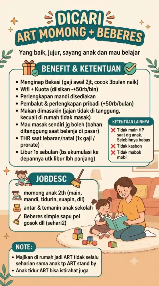 Dibutuhkan ART Nginep Momong + beberes simple sesuai foto