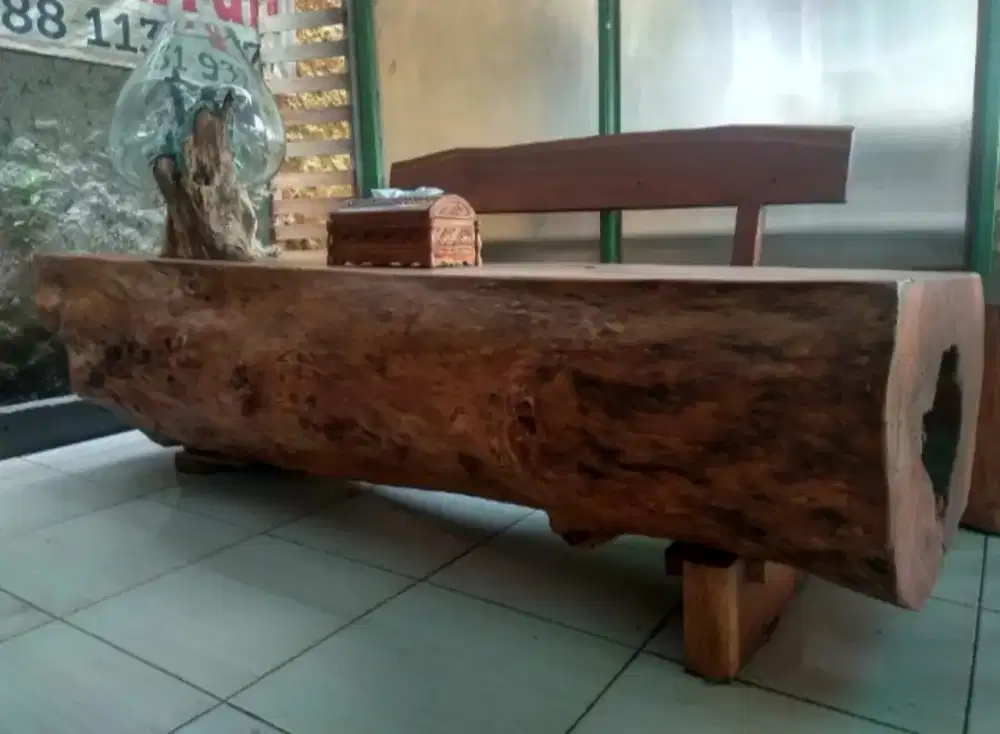 Meja kursi teras taman kayu log utuh antik unik alami