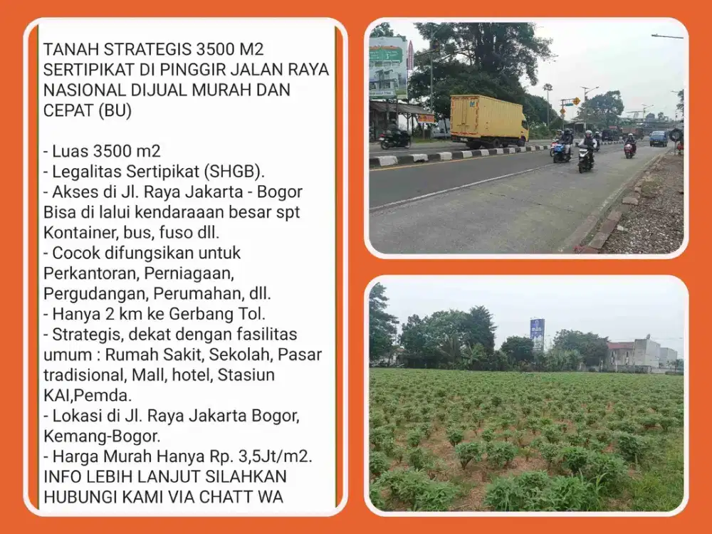 Tanah 3.500 m² Pinggir Jalan Nasional – Cocok Gudang, Showroom & Bisnis.