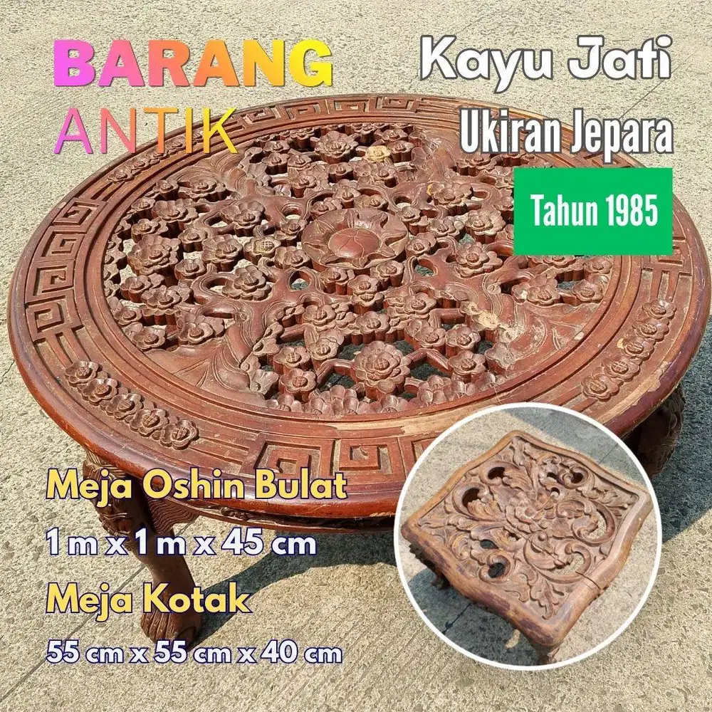 2 Unit Meja Antik 1 Meja Bulat Oshin & Meja Kotak Bahan Kayu Jati