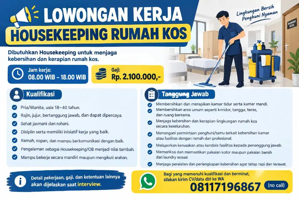 LOWONGAN KERJA — HOUSEKEEPING RUMAH KOS