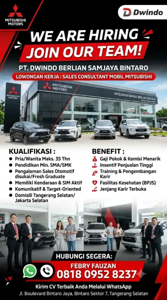 LOWONGAN KERJA SALES MITSUBISHI
PT. Dwindo Berlian Samjaya
