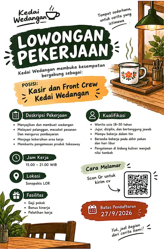 Dicari Crew Outlet/Front Crew kedai Wedangan