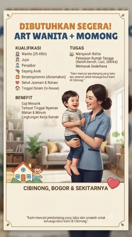 Dibutuhkan ART Wanita & Momong Anak Pulang Pergi Cibinong