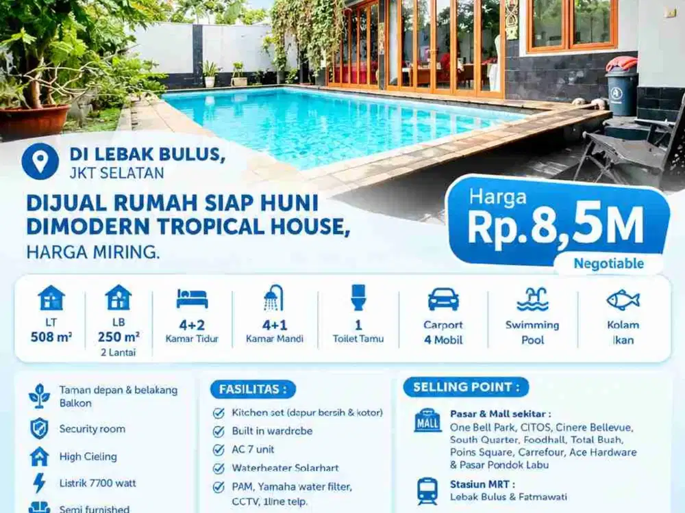 DI LEBAK BULUS, 
JKT SELATAN DIJUAL RUMAH SIAP HUNI DIMODERN TROPICAL HOUSE, HARGA MIRING.
Hadap Barat LauT.