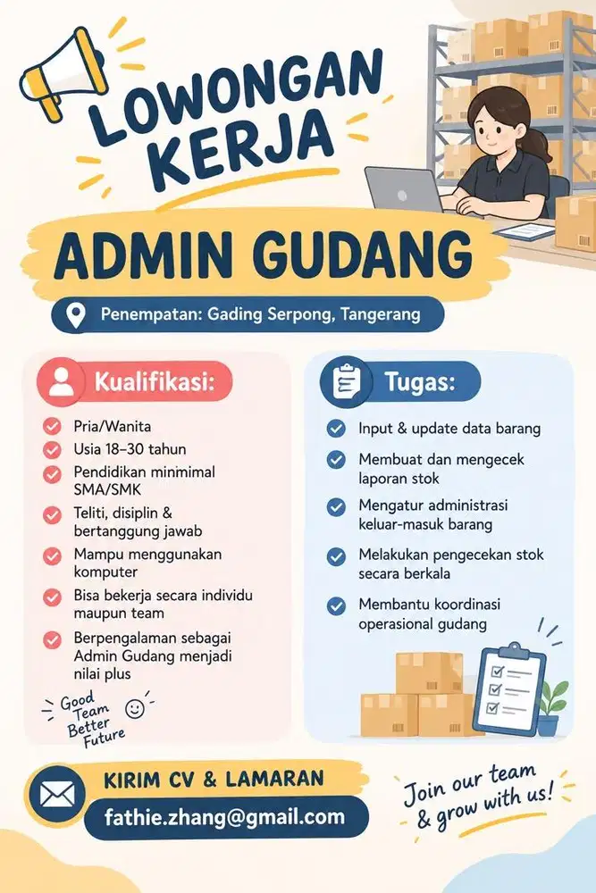 Di butuhkan segera Admin Gudang