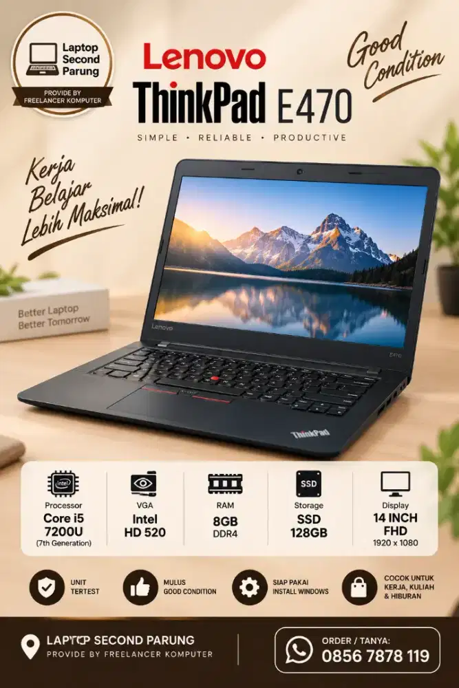 LENOVO THINKPAD E470 - I5 GEN 7 - HD 620 - 8GB / 128GB