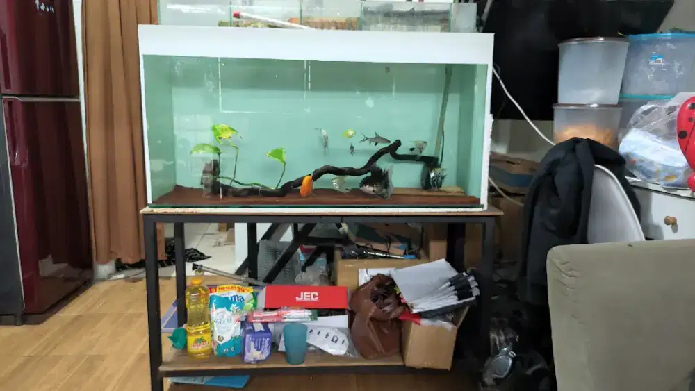 Aquarium 100x40x50 8/10ml fulset tinggal colok dan rak hollo