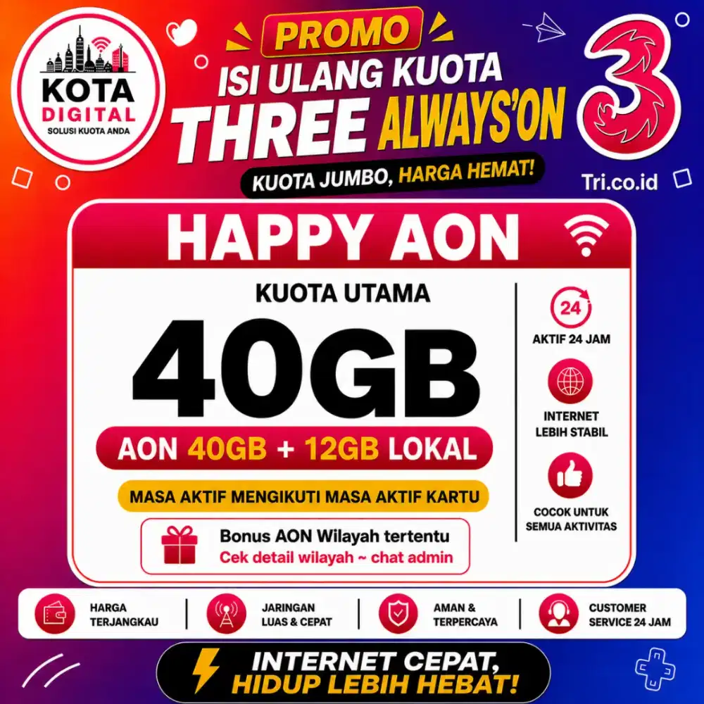 ISI ULANG KUOTA THREE HAPPY AON 40GB