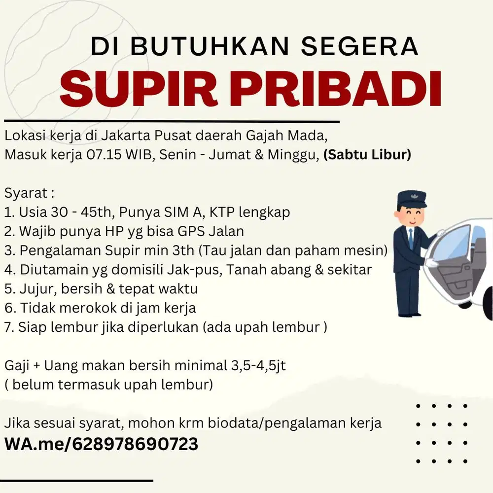 Dicari Supir Pribadi Jakarta Pusat SEGERA