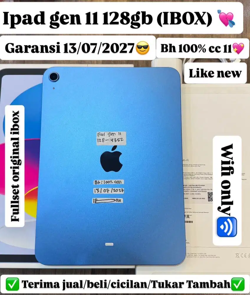 Ipad Gen 11 128 Gb Blue Resmi Ibox Garansi panjang batre 100%