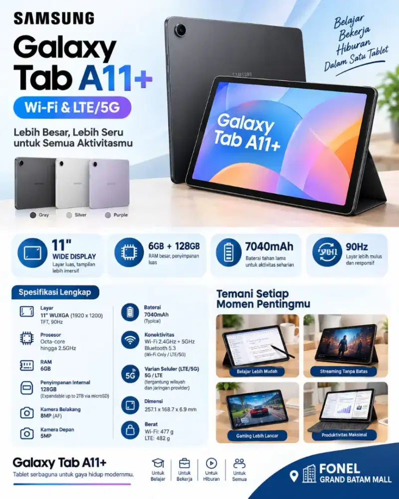 Samsung tab a11+ fonel grand mall batam ready stock
