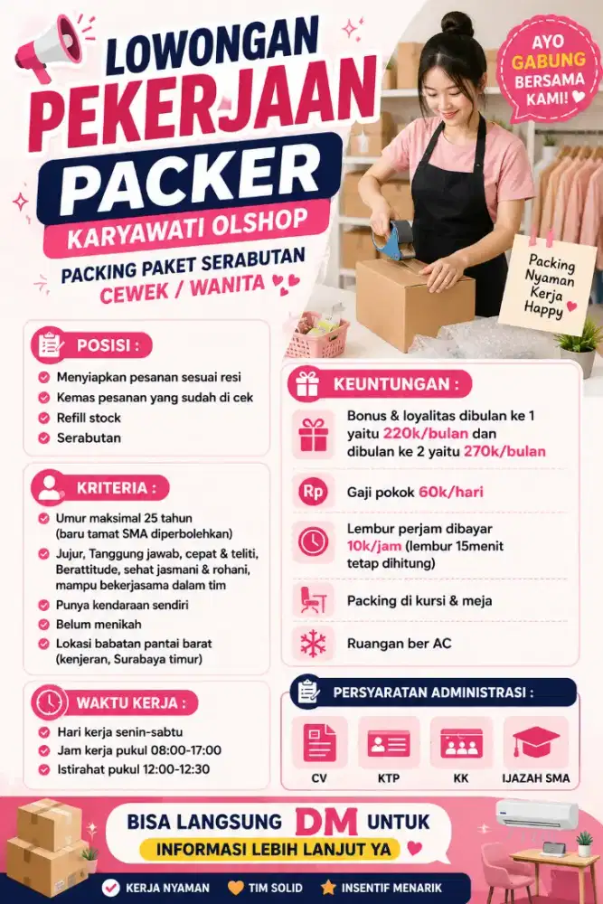 Lowongan kerja Packer karyawati Olshop, packing paket cewek/wanita