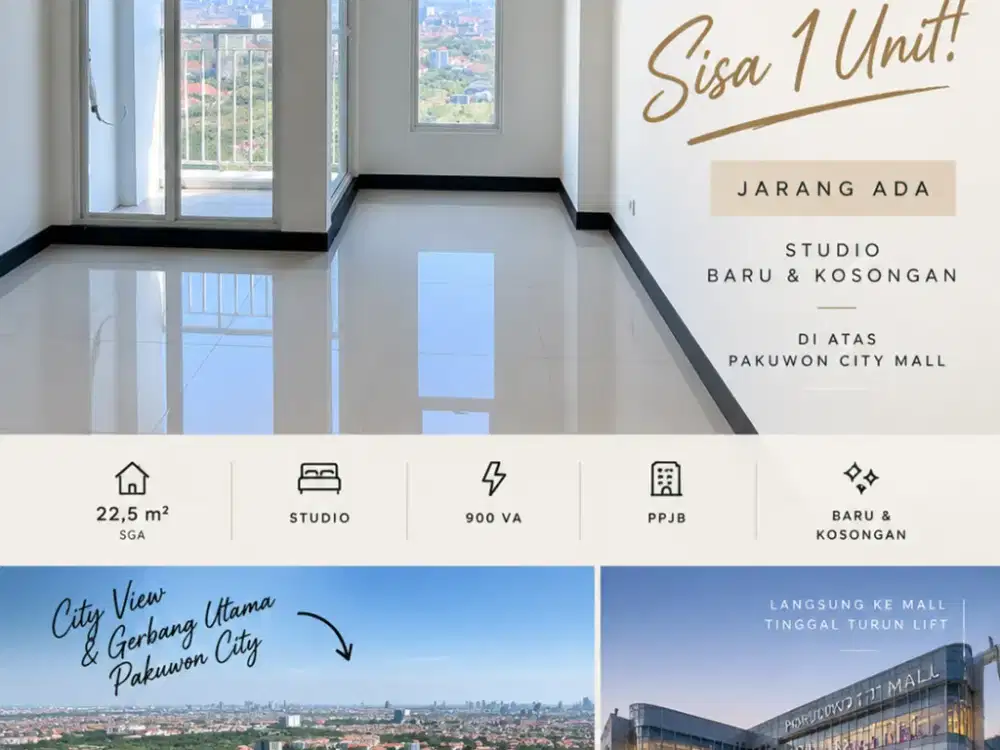 Dijual apartment Studio Amor diatas Pakuwon city kondisi Baru dan kosongan