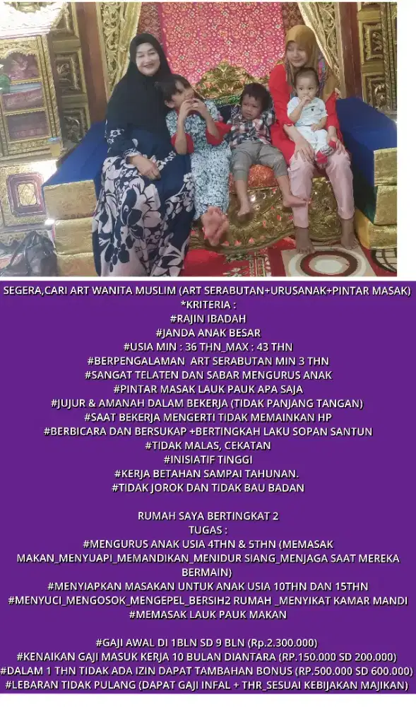 Cari ART Wnita Nginap_Krja Serabutn(Ngurus Anak2+Masak+PekerjaanRumah)